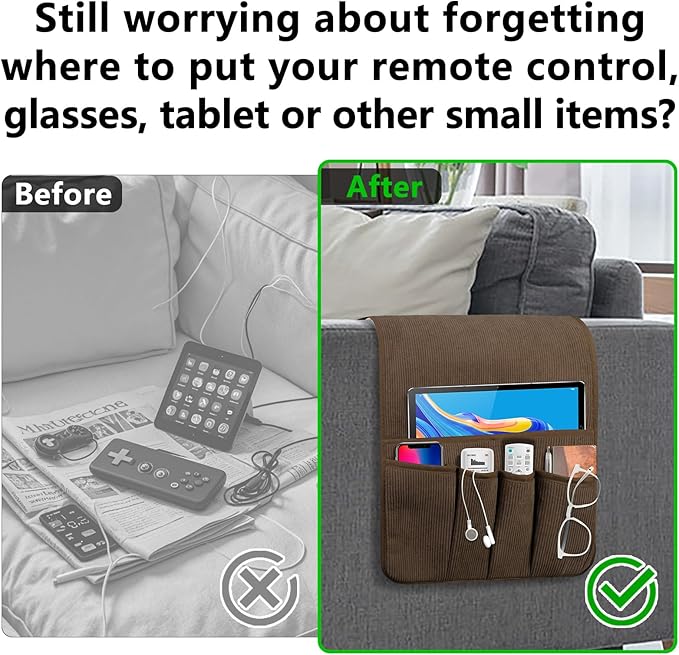 Couch Organizer Remote Control Holder Armchair Caddy, Anti Slip Corduroy Tv Remote Holder Couch Caddy with 5 Pockets for Storage Couch Accessories Bedside Organizer Senior Citizen Gifts