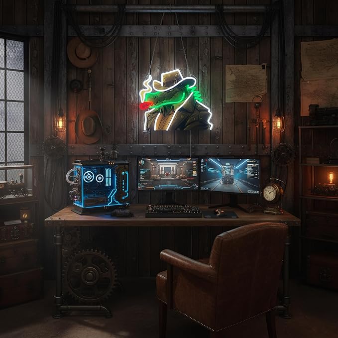 Cowboy Alligator Neon Sign for Wall Decor, Western Dimmable LED Wall Light for Man Cave, Bar, Pub, Game Room, or Garage, Cool Art Gift for Men, 15.5 x 13.5 inch