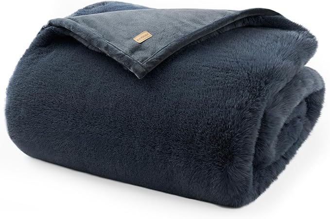 EVERGRACEHOME Luxury Soft Faux Chinchilla Fur Throw Blanket for Couch, Warm Thick Heavy Winter Throw Blanket 1220GSM for Bed, Fluffy Cozy Mink Blanket with Reversible Velvet, Stormy Blue Mink, 60"x80"