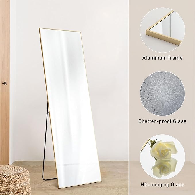 OLIXIS Full Length Mirror for Bedroom, 58"x19" Full Body Mirror with Stand, Hanging or Leaning for Wall, Aluminum Alloy Thin Frame Floor Standing for Living Room, Long, Gold