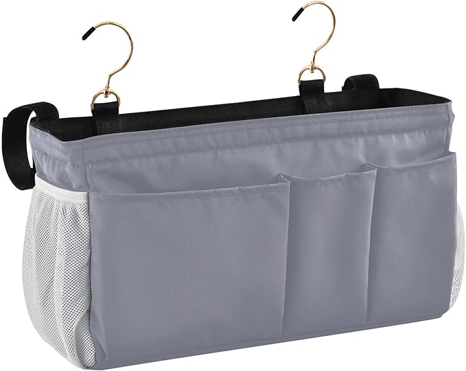 Grey Bedside Caddy Storage Bag Bedside Organizer for Dorm Room Top Bunk Bed Organizer Caddy Hanging Shelf 6 Pockets with Hooks for Book Glasses Phone Holder