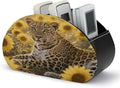 Sunflower Leopard Remote Control Holder Organizer Box with 5 Compartment PU Leather Bedside Storage Caddy Remote Organizer for Controller Media Player Pen/Pencil Storage