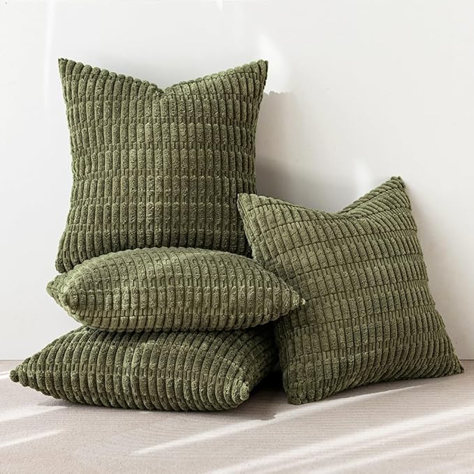 MIULEE Pack of 4 Olive Green Corduroy Decorative Throw Pillow Covers 20x20 Inch Soft Boho Striped Pillow Covers Modern Farmhouse Home Decor for Sofa Living Room Couch Bed
