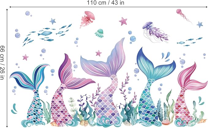 wondever Mermaid Tail Wall Stickers Under The Sea Mermaid Bubble Seaweed Peel and Stick Wall Art Decals for Baby Nursery Girls Bedroom Bathroom