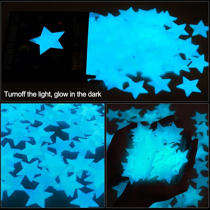 AM AMAONM 100pcs Glow in The Dark Luminous Stars Fluorescent Noctilucent Plastic Wall Stickers Murals Decals for Home Art Decor Nursery Ceiling Wall Decorate Kids Babys Bedroom Room Blue