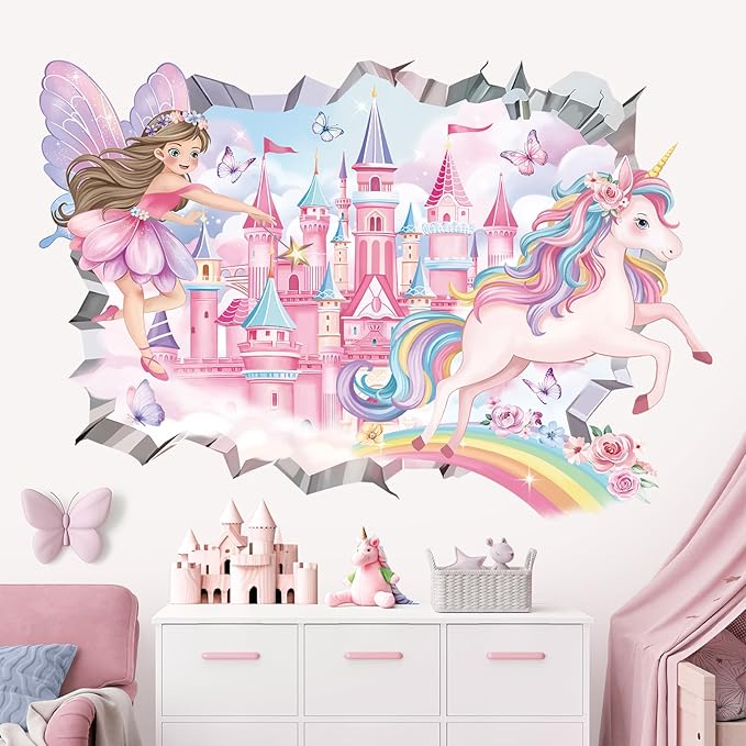 decalmile 3D Fairy Princess Wall Decals Castle Unicorn Crack Hole Rainbow Wall Stickers Girls Bedroom Baby Nursery Kids Room Wall Decor