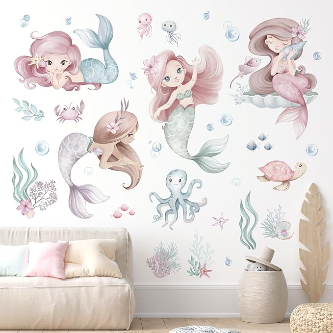 wondever Under The Sea Mermaid Wall Stickers Ocean Theme Turtle Seaweed Peel and Stick Wall Art Decals for Baby Nursery Girls Bedroom Bathroom