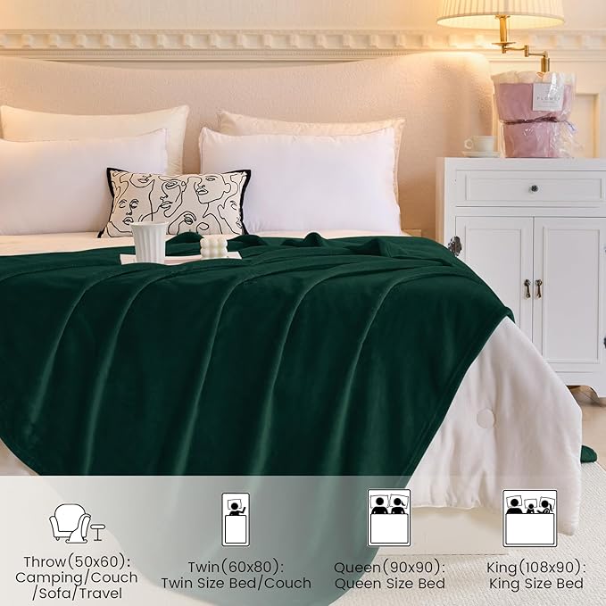 Fleece Blanket Queen Size, Silky Flannel Fuzzy Blankets for All Season, Cozy Lightweight Blanket for Couch, Bed, Sofa, 90" x 90", Forest Green, Queen