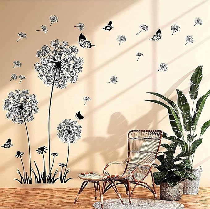 Runtoo Black Dandelion Wall Art Stickers - Large Flower Butterfly Wall Decals for Bedroom & Living Room