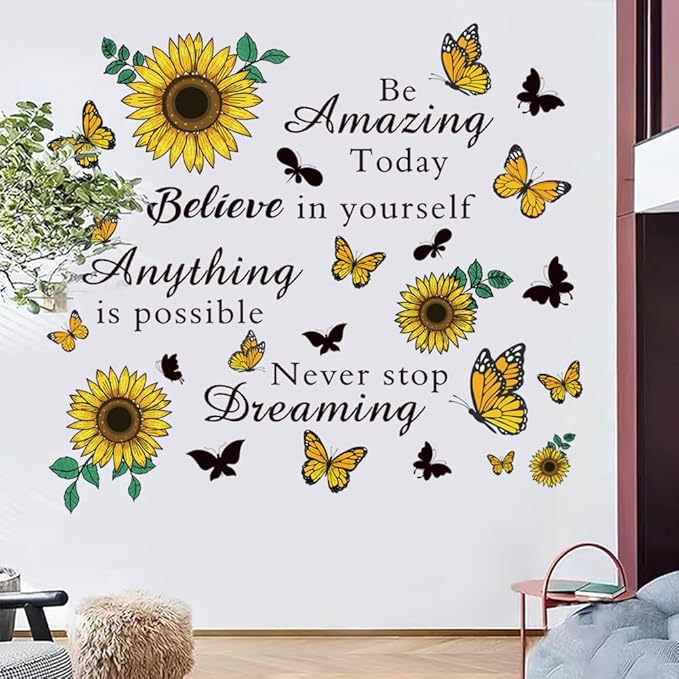Inspirational Quote Sunflower Wall Stickers - Removable Positive Saying Peel and Stick for Classroom, Home, Bedroom, Office Wall Art Decor