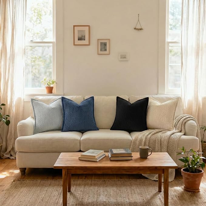 Mecatny Corduroy Throw Pillow Covers 18x18 Set of 2, Neutral Decorative Soft Boho Couch Pillow Covers with Broadside for Sofa Living Room, Navy