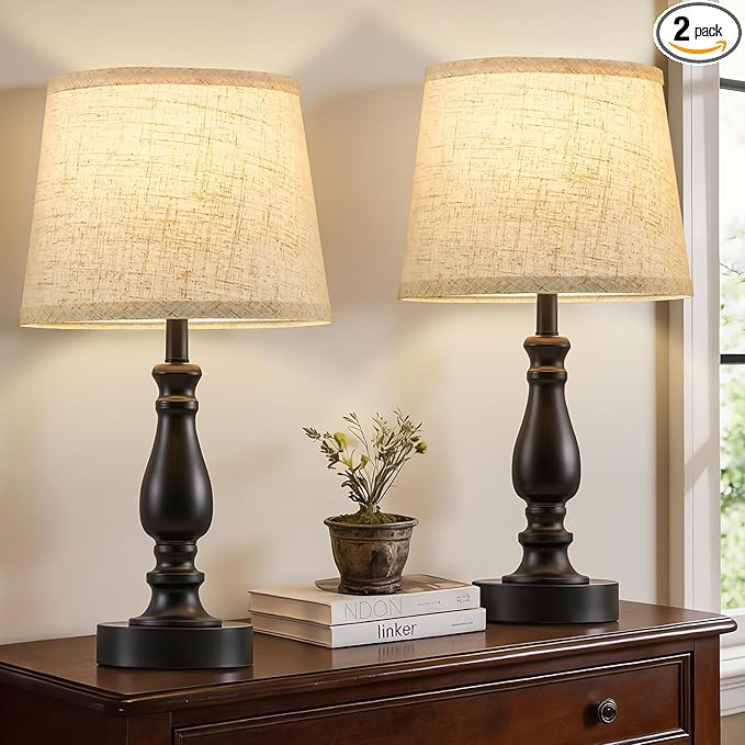 Table Lamp Set of 2-19" Small Bedside Lamps Modern Lamp for Bedroom Living Room Lamps for Night Stands - Desk Lamps for Home Office End Tables Nightstand Lamps with Beige Linen Shades