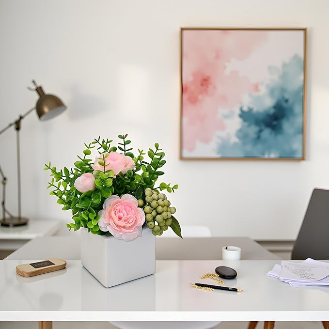 LADADA Artificial Pink Peony Flowers with Eucalyptus and Green Berries in White Square Vase - Fake Floral Arrangement for Home Decor, Table Centerpiece, Bathroom, Office, Wedding, Farmhouse Decor