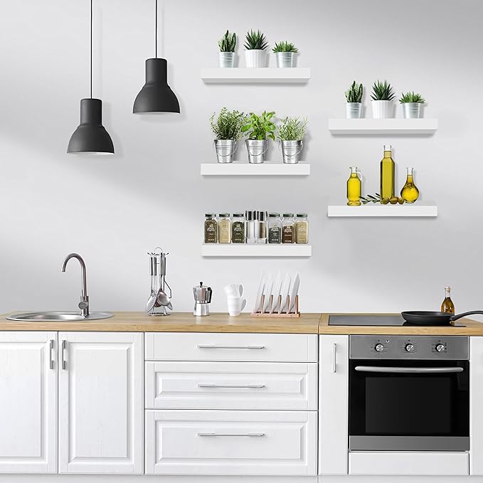 Sorbus Floating Shelves for Wall – 16 Inch Floating Shelf for Kitchen, Bedroom, Living Room, Bathroom, Home & Wall Decor - Mounted Bathroom Shelves with Invisible Brackets (White, 5 Pack)