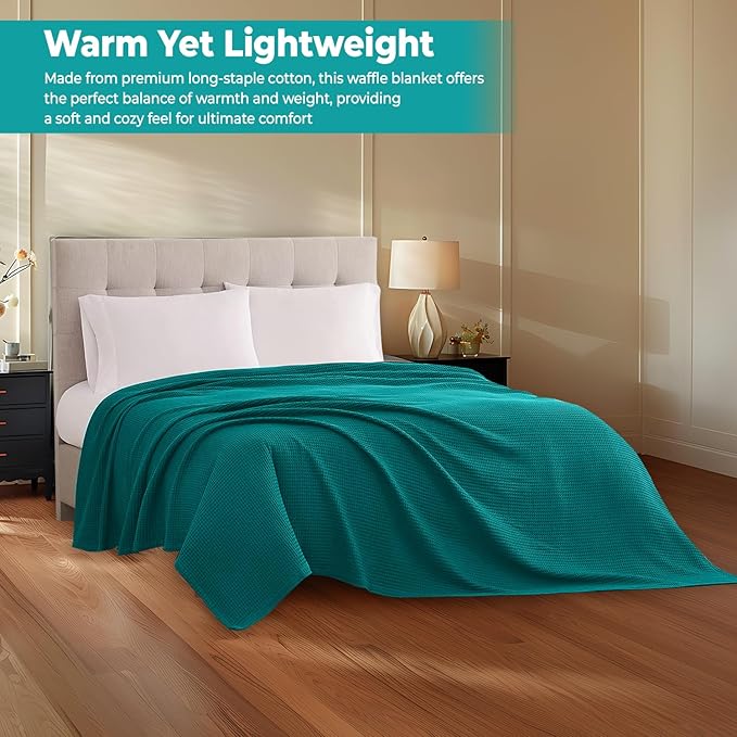 100% Cotton Blankets for Bed - Waffle Weave Blankets for Summer, Lightweight and Breathable Soft Woven Blanket for Spring (Teal, Queen (90" x 90"))