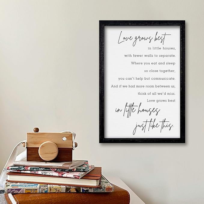 comurdyo Love Grows Best In Iittle Houses Wall Decor 16"×11" Inspirational Love Quote Sign Family Wood Framed Wall Hanging Art (Black)