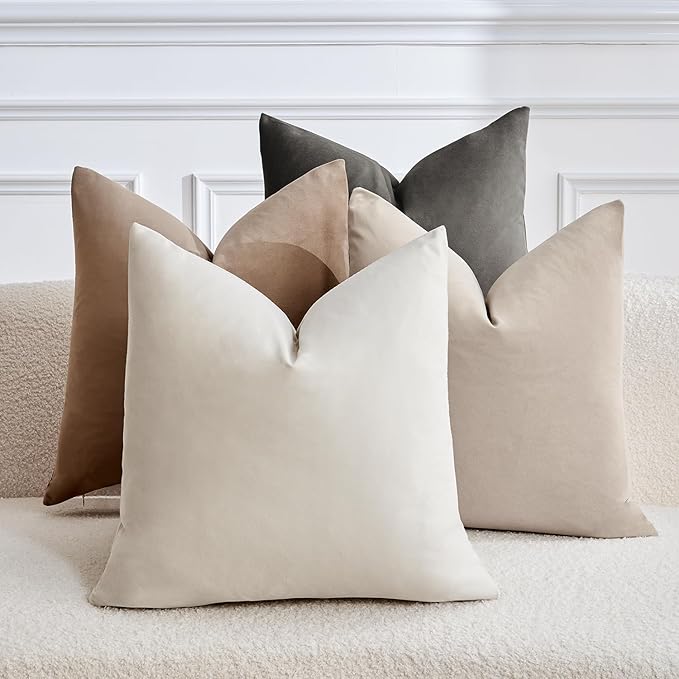 Throw Pillow Covers Set of 4 20x20 Inch Pillow Covers, Soft Velvet Neutral Beige Khaki Grey Pillowcases for Couch Sofa Bed Living Room, Home Boho Decor, Farmhouse Cushion Covers
