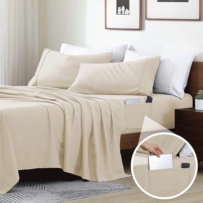 Swift Home Smart Sheets, Ultra Soft Brushed Microfiber 4-Piece Sheet Set, Fitted Bed Sheet with Side Storage Pockets – Cream, King
