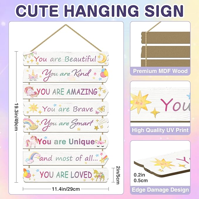 Unicorn Room Decor for Girls Bedroom - Inspirational Wall Art for Kids - Rainbow Wall Decorations - Toddler Room Wood Sign