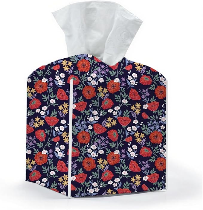 Tissue Box Cover, Tissue Box Holder, Square with Belt Bottom, PU Leather Decorative Organizer for Desk, Tabletop, Countertop Bathroom, Toilet Car, Office,Dressers, Kitchen, Aesthetic Red Flower Decor