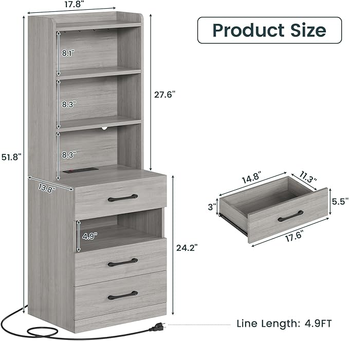 AOGLLATI Tall Nightstand with Charging Station and LED Lights, Night Stand with 3 Drawers and Storage Shelves, Bedside Table with Bookshelf, Modern End Side Table for Bedroom, Grey