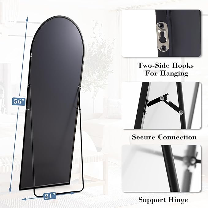 DUMOS Arched Full Length Mirror with Stand Floor Standing Aluminum Frame for Bedroom Body Hanging Leaning Modern Simple Home Decor Shatter-Proorf Nano Glass Wall Living Room Cloakroom Black 56"x15"