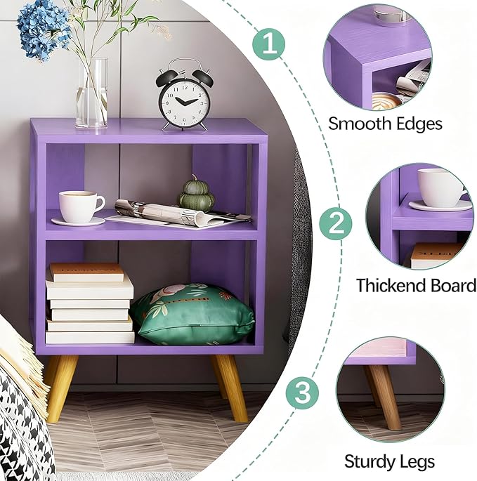 Night Stand, Purple Nightstand, Modern End Table with Open Storage, 2-Tier Wooden Bedside Table for Small Space, Living Room, Bedroom