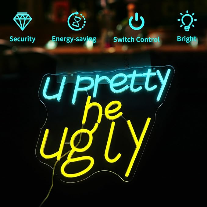U Pretty, He Ugly Neon Sign, Dimmable Neon Signs for Wall Decor, Beer Bar Signs for Man Cave, Room Home Decor, Led Sign - USB Powered