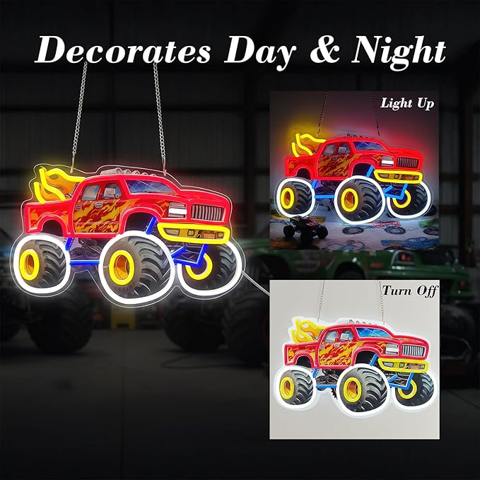 Monster Truck Neon Sign for Wall Decor, LED Dimmable Light for Boys Kids Room, Holiday Birthday Christmas Gift Decoration, 16.5 x 10 in