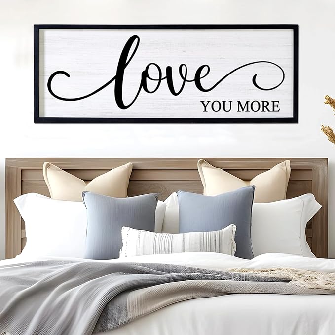 Love You More Decorative Rustic Sign & Plaque Framed Wall Art for Couples, 40''×15'' Vintage Cottagecore Wooden Horizontal Love Quote Home Decor Above Bed for Living Room, Farmhouse Wedding Gift