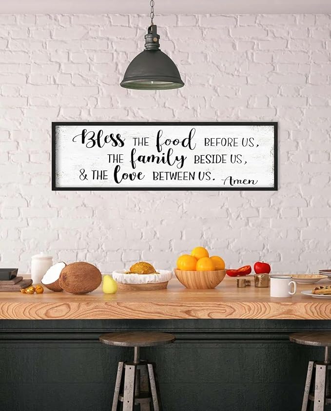 Bless the Food Before Us Wall Decor: Christian Bible Verse Wall Art Farmhouse Kitchen Dining Room Framed laque with Sayings - The Family Beside Us and The Love Between Us Signs 16"x48"