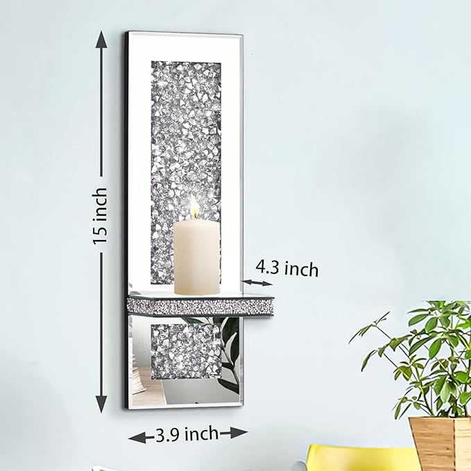 Crystal Crushed Diamond Mirrored Candle Sconces Set of 2 Silver Glass Wall Candle Holder Bling Wall Decorations for Home Decor Living Room Dining Room Bedroom