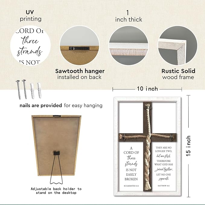 YWJKWLGS A Cord of Three Strands Wedding Ceremony Sign 15x10 Inch Anniversary Unity Knot Cross Christian Marriage Prayer Art Ideas Braid Rope Wall Decor for Couple Religious Wood Framed (White)