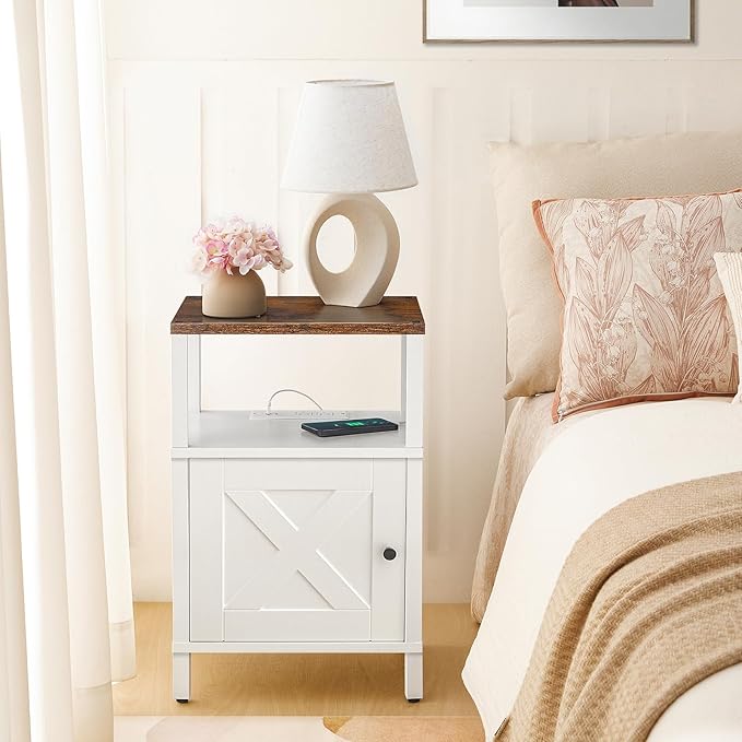 Farmhouse Nightstand with Charging Station, White Bedside Table with USB&Type-C Ports and Outlets, End Table with Storage, Night Stand for Bedroom, White and Rustic Brown ETRW96E01