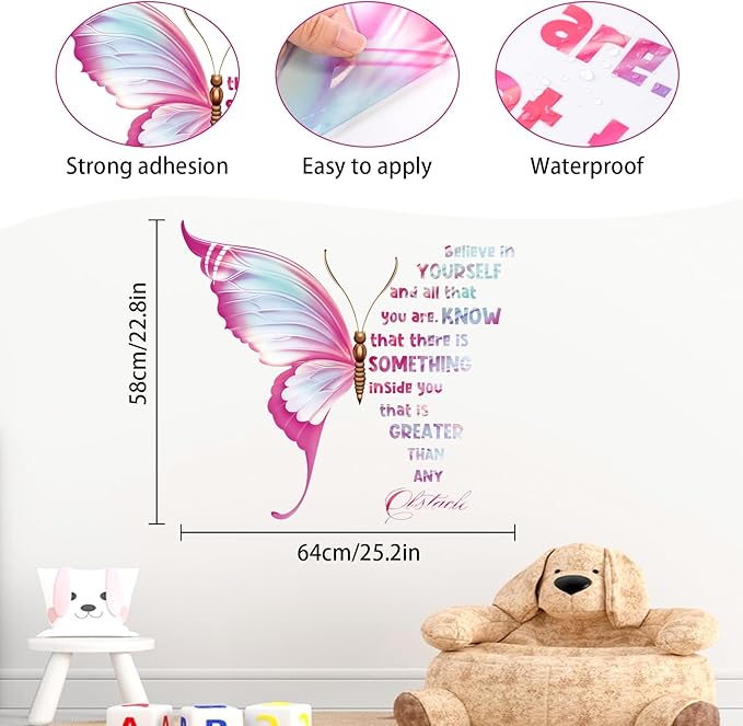 Large Inspirational Butterfly Wall Decals Stickers, Motivational Saying Positive Peel and Stick Wall Art Decals for Women Girls Bedroom Living Room Office(Pink)