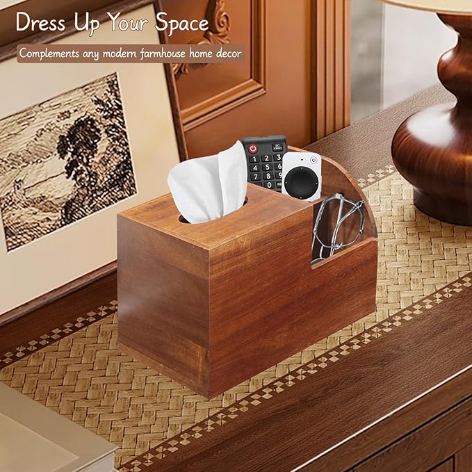 Wood Tissue Box Cover Square wiht Storage, Acacia Tissues Box Holder, Decorative Cube Tissues Box Organizer with Remote Control Holder for Bathroom, Nightstand, Modern Farmhouse Decor