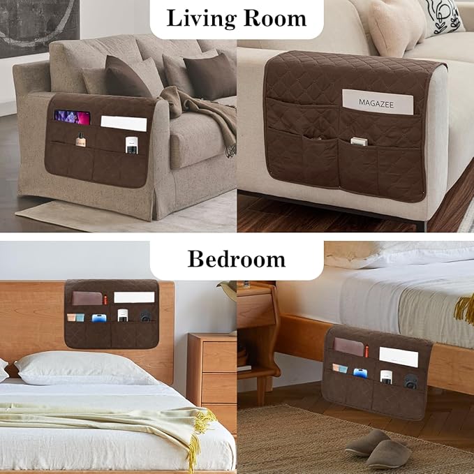 Bedside Caddy for Couch Remote Control Holder Recliner Armrest Organizer Non Slip Sofa Armchair Caddy with 6 Pocket Storage for Magazine, Tablet, Phone, iPad, Coffee
