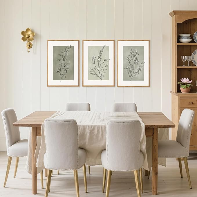 CHDITB Botanical Sage Leaf Framed Canvas Wall Art Set Of 3, Minimalist Wall Decor, Boho Nature Floral Greenery Wall Painting, Neutral Botanical Plant Art Prints For Dining Room Bedroom Decor 12”X16”