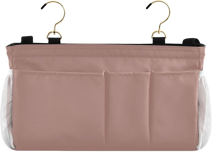DOMIKING Rose Gold Bedside Caddy for Dorm Bed Recliner Armrest Organizer with Hooks Haning Storage Pockets for Tablet Phone Magazine