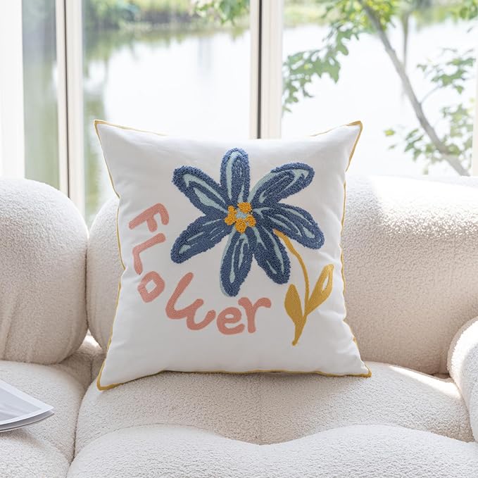 YIcabinet Pillow Covers Set of 2, Embroidered Blue Flower Pattern Throw Pillow Cover,Square Cotton Cushion,Pillow Case for Sofa Bedroom Couch,18"x18"