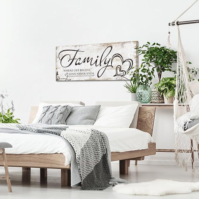 KREATIVE ARTS Large Home Family Wall Decor Rustic Home Sign Inspirational Quotes - Where Life Begins & Love Never Ends Canvas Wall Art Prints for Bedroom Living Room Kitchen 20x48 Inches