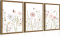 Framed Wildflower Wall Art Set of 3, Pink Floral Canvas Wall Decor Pictures, Vintage Flower Botanical Paintings, Nursery Flowers Butterfly Posters Prints for Bedroom Living Room 12x16 Inch