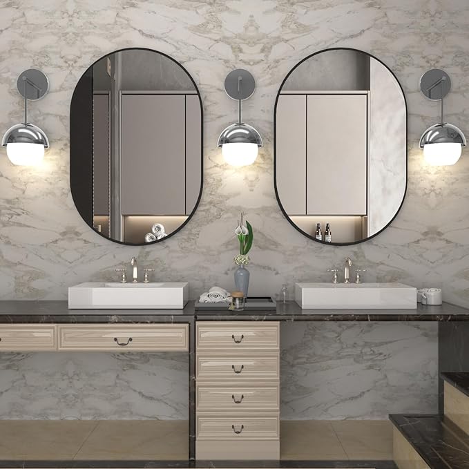 Oval Bathroom Mirror Capsule Wall Vanity Mirror, 24"x36" Pill Mirrors Wall Mounted Mirror, Large Modern Mirror with Black Metal Frame, Decor for Entryway, Bedroom, Living Room