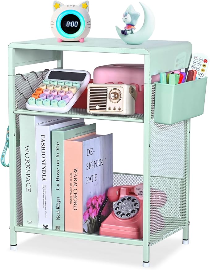 Kids Nightstand, 3-Tier Metal Side Table with Adjustable Storage Shelf, Basket & 3 S-Hooks, Small Bedside Table for Nursery, Toddler Bedroom and Small Spaces (Green)
