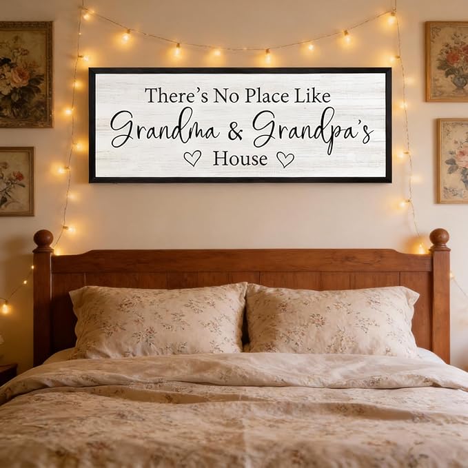 There’s No Place Like Grandma and Grandpa’s House Wall Decor: 32x12 Inch Framed Wooden Family Quote Sign, Rustic Farmhouse Wall Art for Grandparents’ Home, Living Room or Entryway, Black