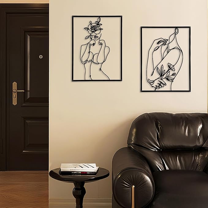 GOKURVG Wall Art Over Bed Wall Decor 3Pcs Metal Wall Art Above the Bed Wall Decor Minimalist Single Line Art Female Body Floral Gold Room Decor for Bedroom Modern Wall Art for Indoor 16.5x12.5in