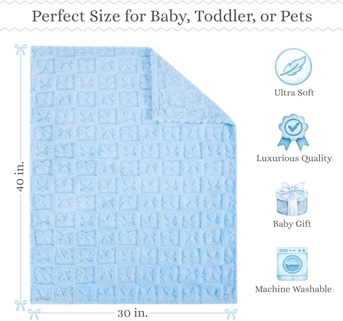 Belle Bow Baby Blanket 30x40 – Ultra Soft Fleece Bow Blanket, Cozy Crib Stroller & Pet Stroller Blanket for Baby Boy & Small Pets, (Baby Blue)