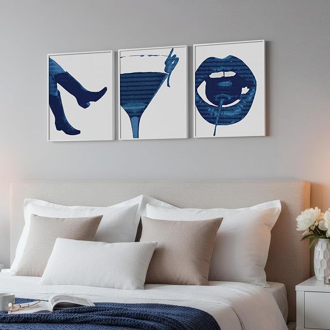 Framed Navy Blue Pop Wall Art for Room Decor, 3 Piece Funky Cocktail Boot Lip Artwork for Walls, Trendy Preppy Canvas Prints, Modern Blue Picture for Living Room Bedroom Apartment Wall Decor, 12x16 In