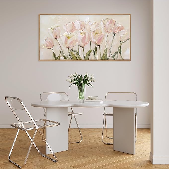 CHDITB Tulip Floral Framed Canvas Wall Art, 20"X40" Watercolor Flower Pink Tulip Textured Oil Painting, Modern Wildflower Wall Decor, Large Pink Floral Artwork for Living Room, Bedroom, Office