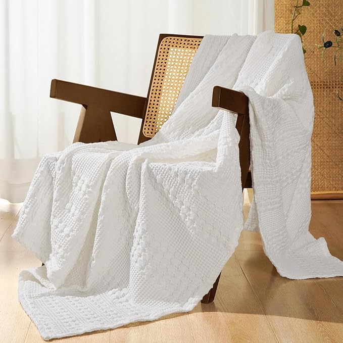 PHF 100% Cotton Waffle Weave Throw Blanket, Soft Lightweight Breathable Cozy Throws for Couch Bed Sofa, Luxury Aesthetic Blanket Gift for Home Decor & Office, 50"x60", White